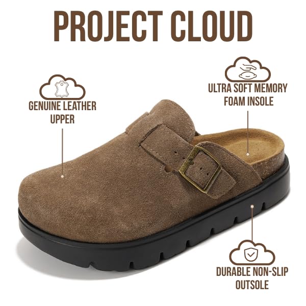 Project Cloud 100% Genuine Leather Platform Clogs for Women Footwear - Memory Foam Arch Support Cork Footbed Casual Shoes & Mules for Women 2026 (BentonChunky, CACAOSUEDE,6)