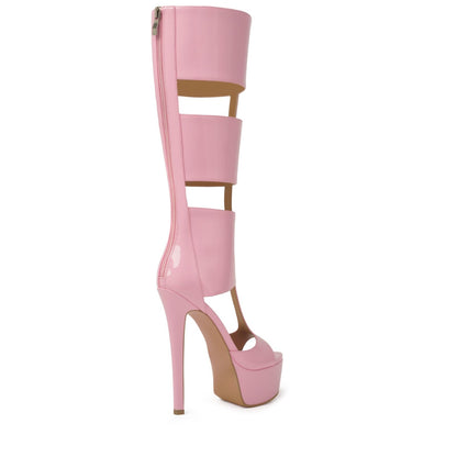 FancyQueen Gladiator Heels, Pink Platform Heels Open Toe Knee High Sandals Club Prom Boots, Sexy Style for Party