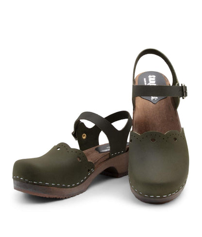 Sandgrens Handmade Swedish Wood Clogs for Women, Low Heel Sandal US 11-11.5 | Milan Olive Nubuck DK, EU 42