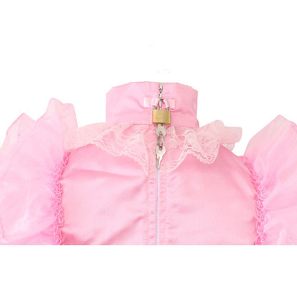 Sissy - Femboy - Women French Maid Pink Satin  Dress Crossdresser)