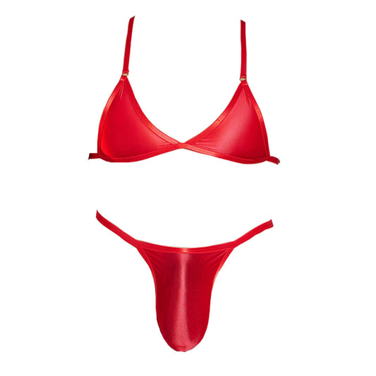 Men Crossdressing Lingerie Clothes, Crossdress Male Apparel Set, Bras Underwear Lace Panties Outfits for Mens Femboy (Red, One size)