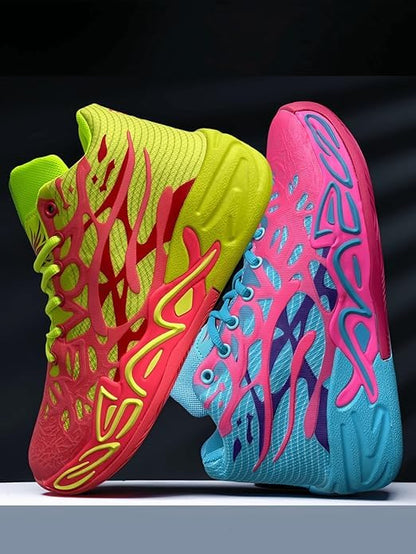 Y2K Basketball Boots Mesh Breathable Fire Stylish Shoes for Sports and Casual Wear with Unique Flame Design Mid-Top Casual Ankle (Blue+Green,8)