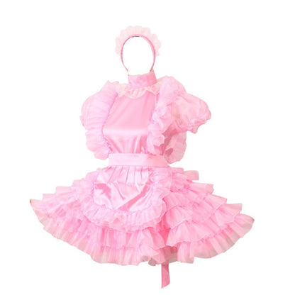 Sissy - Femboy - Women French Maid Pink Satin  Dress Crossdresser)