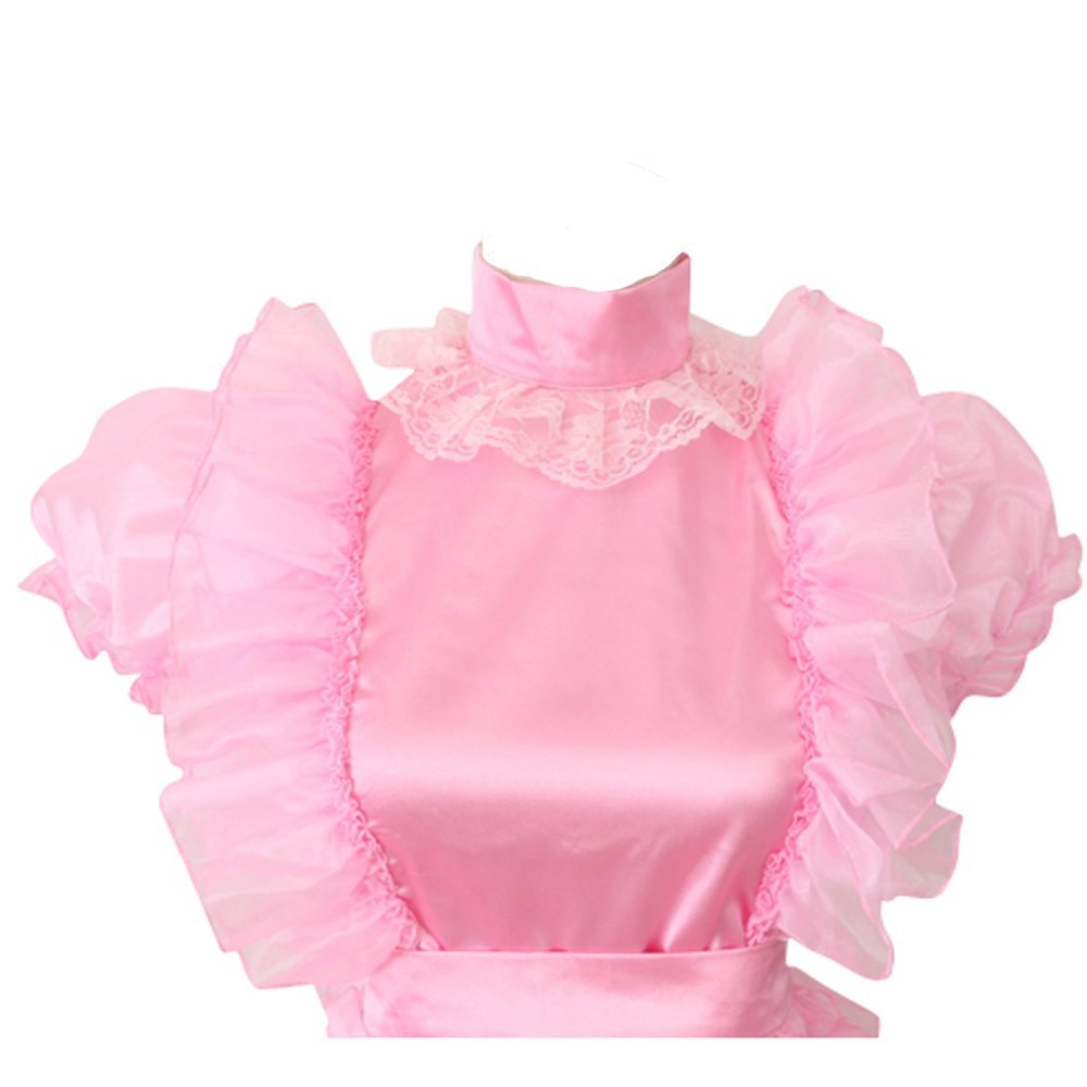 Sissy - Femboy - Women French Maid Pink Satin  Dress Crossdresser)
