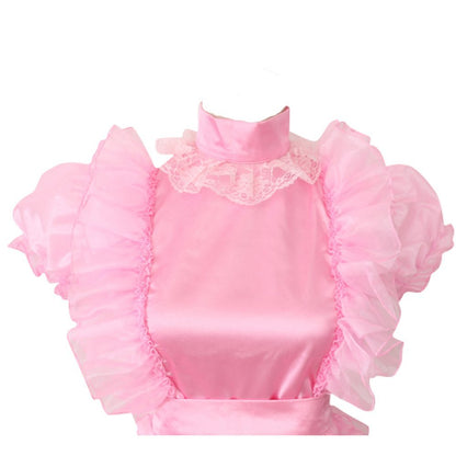 Sissy - Femboy - Women French Maid Pink Satin  Dress Crossdresser)