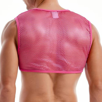 FIROTTII Men's Sexy Rose Pink Mesh Crop Top and Pink See Through Mesh Shorts (Rose + Pink S)