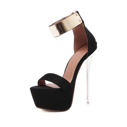 Stiletos Black Heels for Women Sexy Platform Open Toe Zipper Heeld Sandals 6.3 Inch Party Prom Banquet Shoes (Black,7)