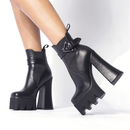 Women's Buckle Strap Thick Heel Platform Booties Ladies Elastic band High Heel Fashion Casual Ankle Boots(Black US5)