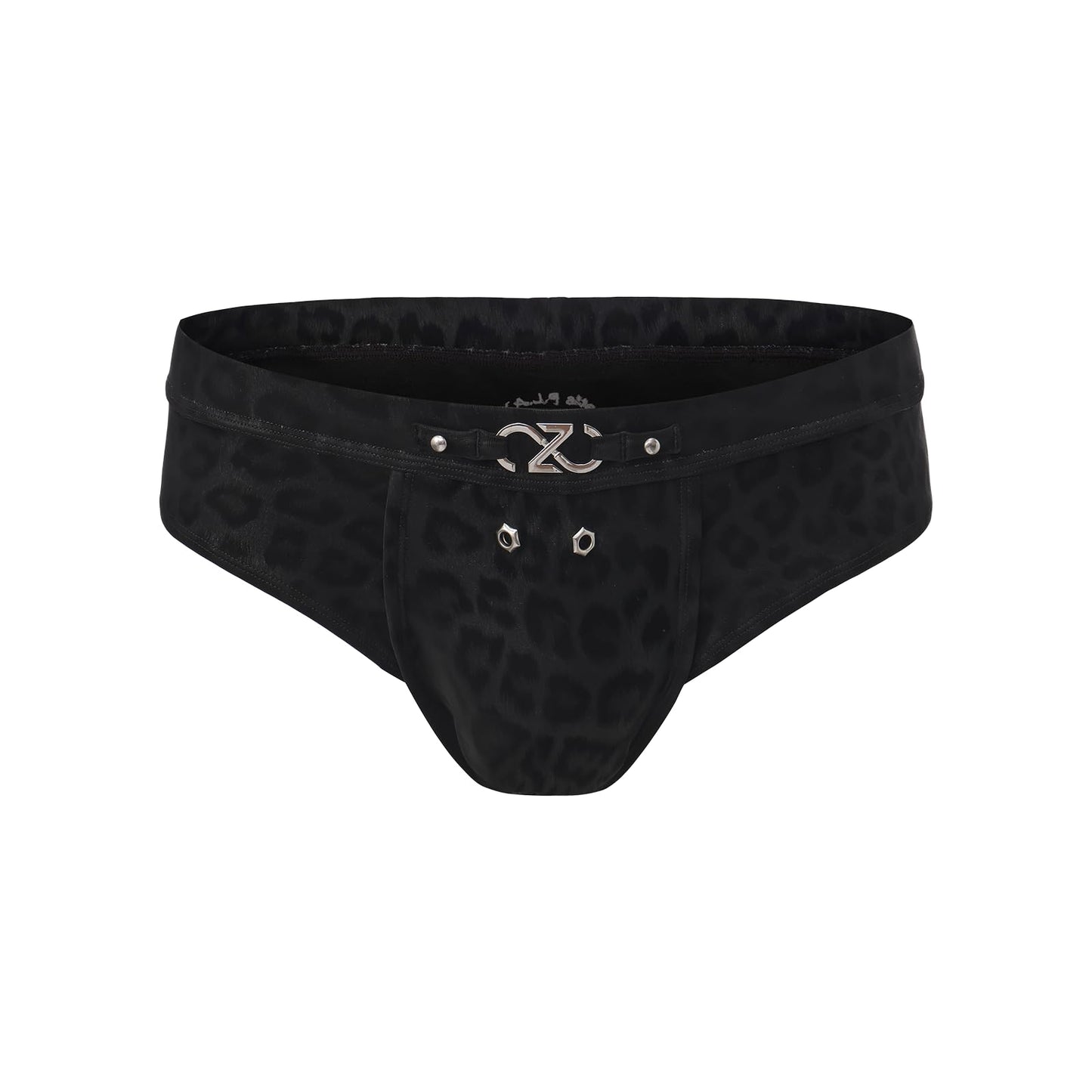 BSZN Men's Sexy Briefs, Black Leopard Print Punk Style Detachable Logo Rivet Eyelet DIY Mid Rise Stretch Sexy Lingerie from D-Dangerous Game Collection