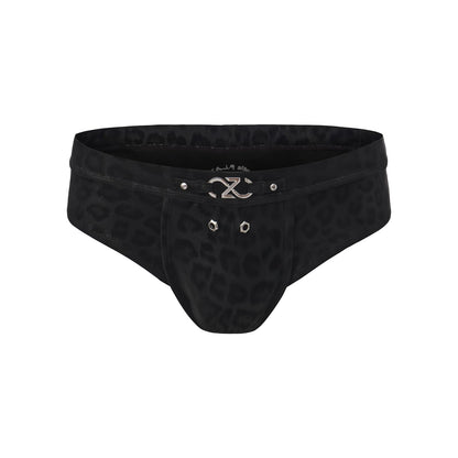 BSZN Men's Sexy Briefs, Black Leopard Print Punk Style Detachable Logo Rivet Eyelet DIY Mid Rise Stretch Sexy Lingerie from D-Dangerous Game Collection