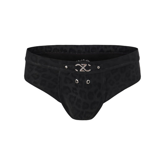 BSZN Men's Sexy Briefs, Black Leopard Print Punk Style Detachable Logo Rivet Eyelet DIY Mid Rise Stretch Sexy Lingerie from D-Dangerous Game Collection