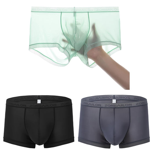ZONBAILON 3 Pack Sexy Underwear for Men Ice Silk See Through Thin Breathable Trunks 3XL