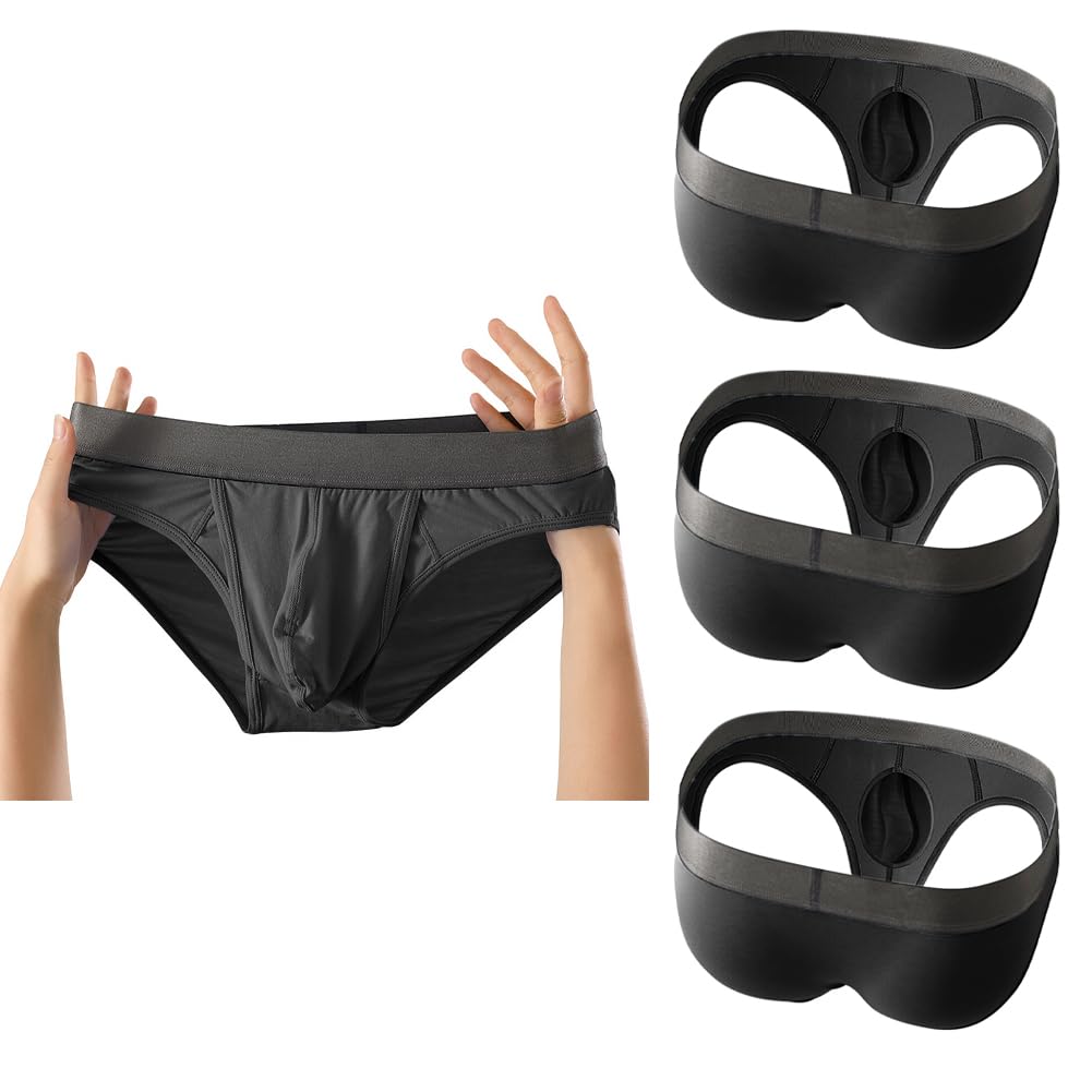 Men's Boxers Briefs Fly Pouch Front Open Breathable Bulge Underwear Separated Pouch Trunks (US, Alpha, Large, Regular, Regular, Briefs-Black*3)