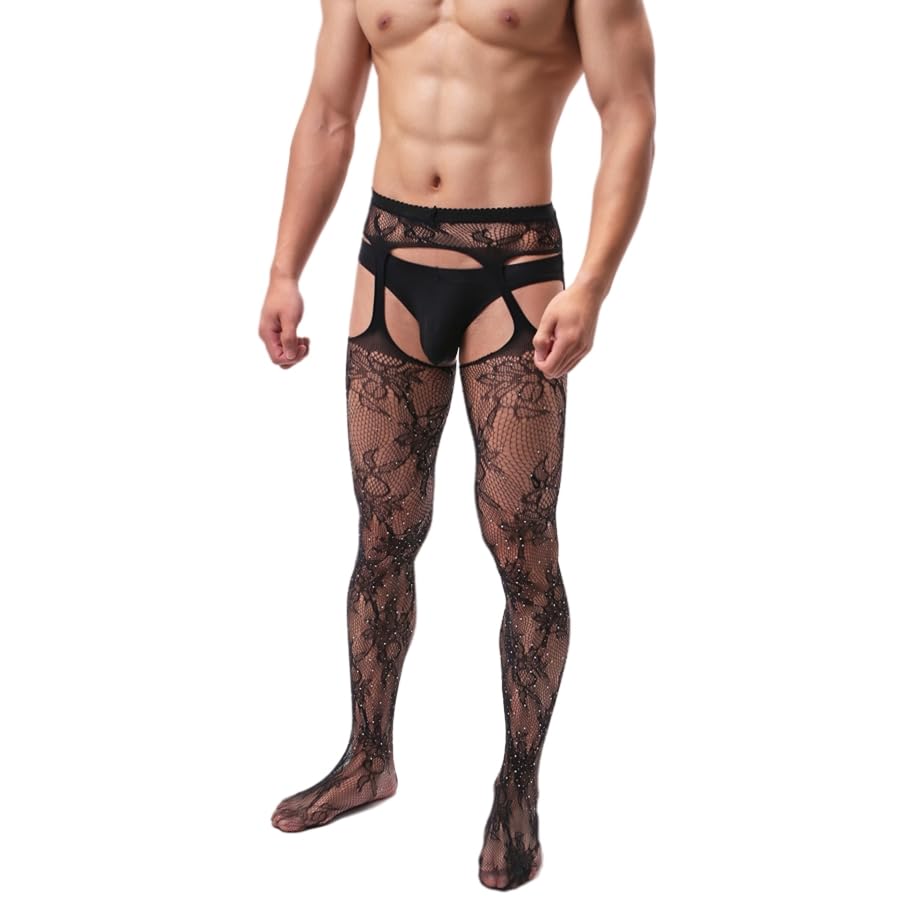 Mens Sexy Suspender Stockings Tights Rhinestone Fishnet Thigh Highs Garter Belt Suspender Pantyhose