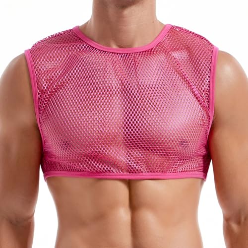 FIROTTII Men's Sexy Rose Pink Mesh Crop Top and Pink See Through Mesh Shorts (Rose + Pink S)