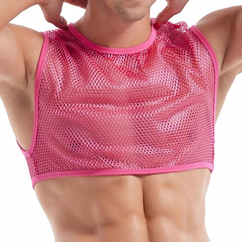 FIROTTII Men's Sexy Rose Pink Mesh Crop Top and Pink See Through Mesh Shorts (Rose + Pink S)