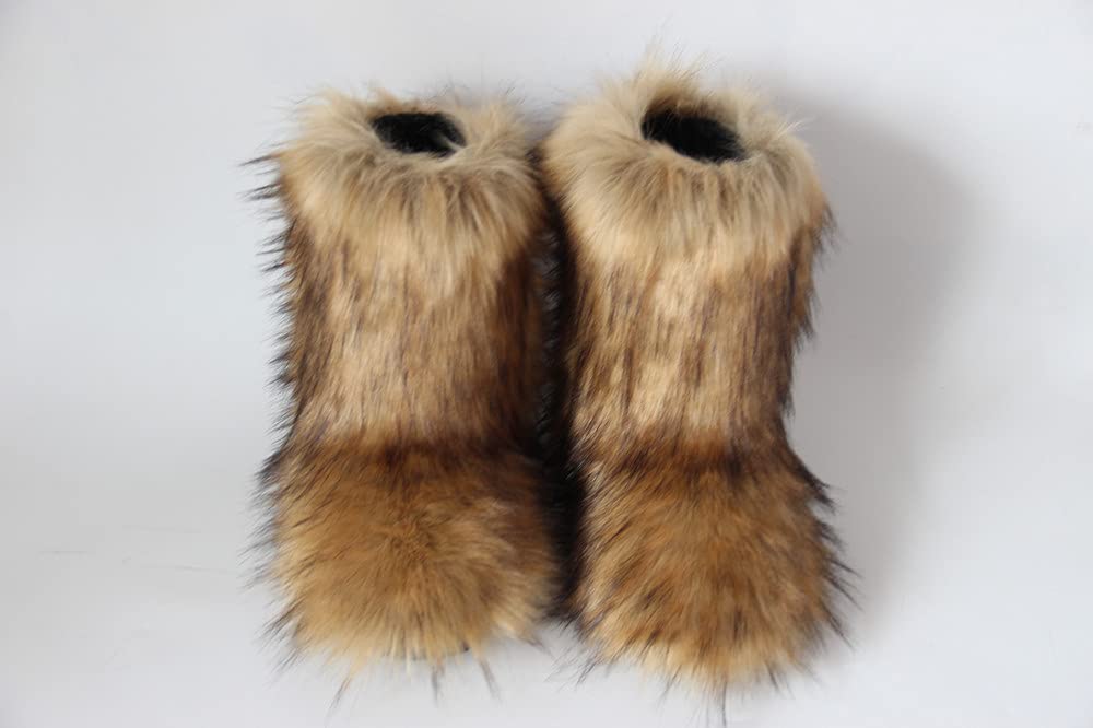 Gegefur Women's Faux fur Boot Furry Fluffy Short Snow Boot Mid-Calf Boots Warm Comfortable Outdoor Flat Shoes (Faux Raccoon, numeric_6)