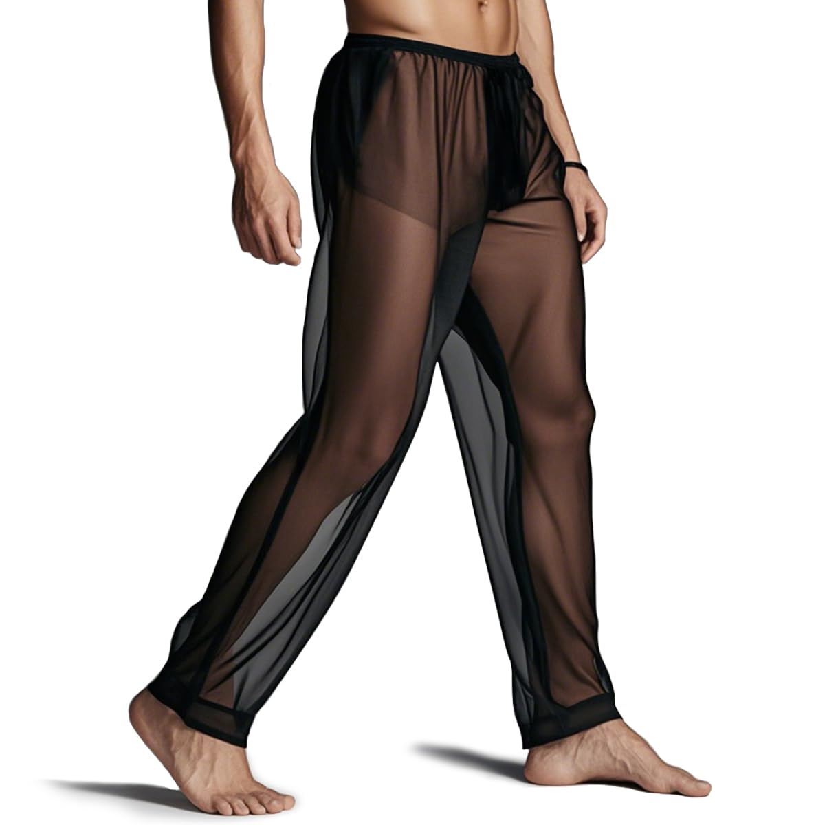 YINYOUYU Mens Mesh Pants See Through Underwear Pajama Bottoms Lounge Home Leggings Sleepwear Cool Dry Yoga Trousers XXL Black