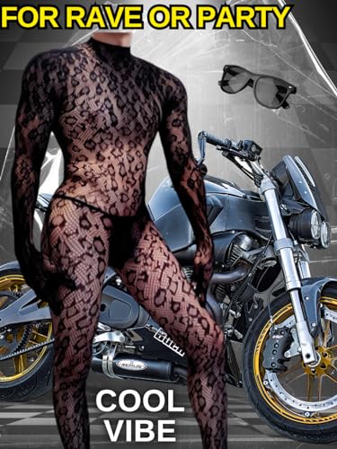 EHSUYAB Rave Outfits For Men, Festival Party Clubwear, Leopard One Piece Full Lace Jumpsuit, Sexy Lingerie Costume Bodysuit One Size Black