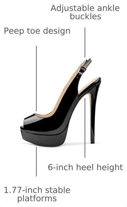 Women's Slingback Heels Peep Toe Platform Pumps, Black, US8.5