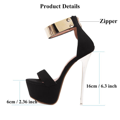 Stiletos Black Heels for Women Sexy Platform Open Toe Zipper Heeld Sandals 6.3 Inch Party Prom Banquet Shoes (Black,7)