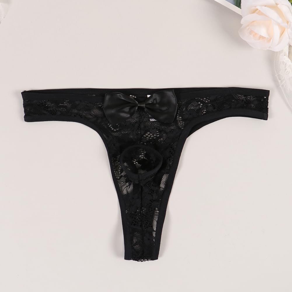 Mens Sexy Lace Underwear Open Front See Through Panties Low Rise Bikini Briefs 1-2 Pack(M720-Black-L