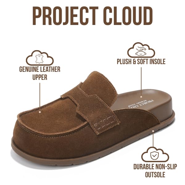 Project Cloud 100% Genuine Leather Womens Clogs - Plush & Soft Insole with Arch Support Non Slip Mules & Clogs for Women Footwear - Water Resistant Women Shoes (Foamy, CHOCSUEDE, 8)
