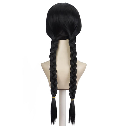 Aeilene Wednesday Long Black Braids Wig with Bangs and Pigtails for Party Costume Halloween