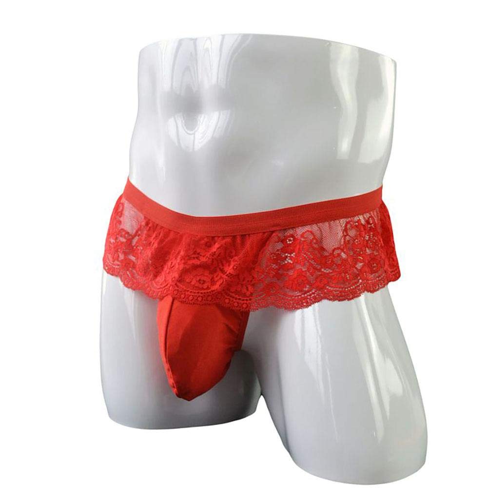 Men's Frilly Lace Trim Sissy Skirted Panties T-back G-string Thongs Briefs Girly Lingerie Crossdress Underwear Red One Size