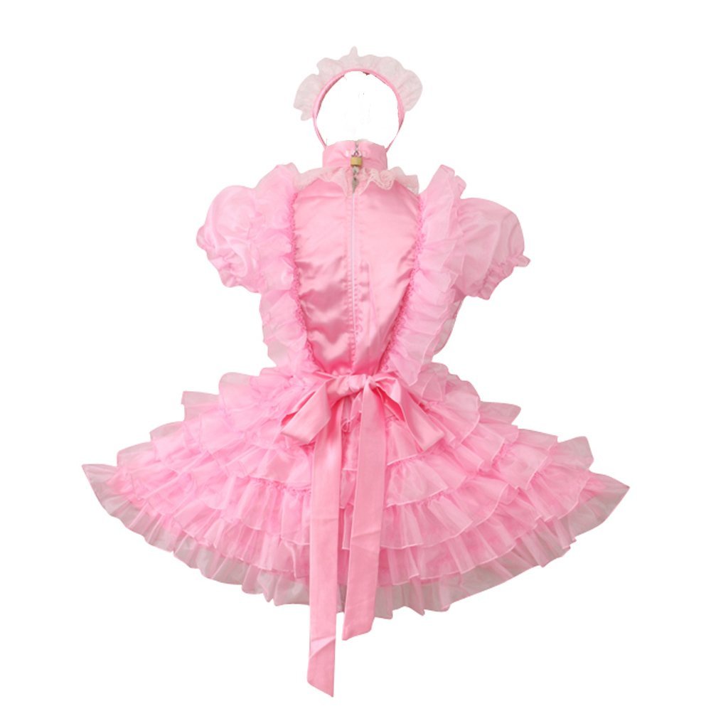 Sissy - Femboy - Women French Maid Pink Satin  Dress Crossdresser)
