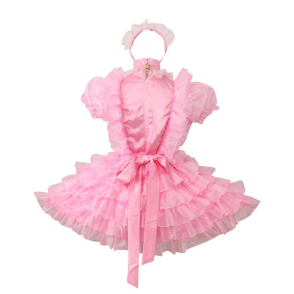 Sissy - Femboy - Women French Maid Pink Satin  Dress Crossdresser)