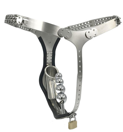 Stainless Steel Push Lock Version Male Chastity Belt with cage Adjustable Chain Detail Pants Waist 76-100cm (Black with Butt Plug)