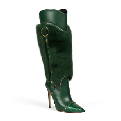 Green Premium Over-The-Knee High Heel Boots for Women - Pointed Toe, Stiletto Heel, Faux Fur, PU Leather, Perfect for Parties and Performances 8.5