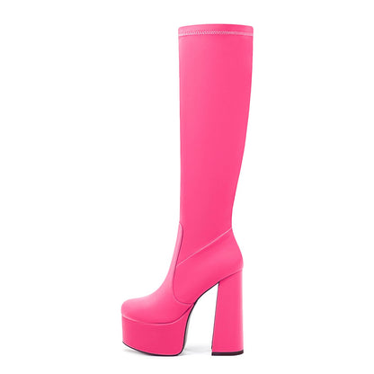 chunky heel Black White Red yellow knee high boots Platform Stretch boots Round toe Side zipper Sexy Super high heel hot pink shoes for women unisex-Magenta satin