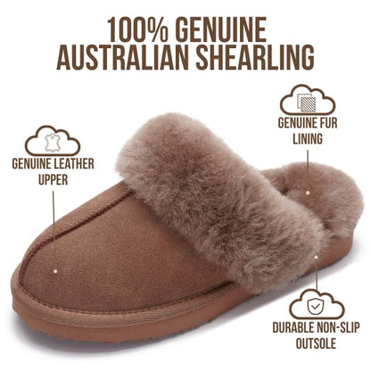 Project Cloud 100% Genuine Leather Slippers for Women Footwear with Genuine Fur Lining Womens Clogs & Mule - Non-Slip Indoor/Outdoor Scuff Womens Slippers with Memory Foam Insole(Henka,CMLSUEDE,5.5)