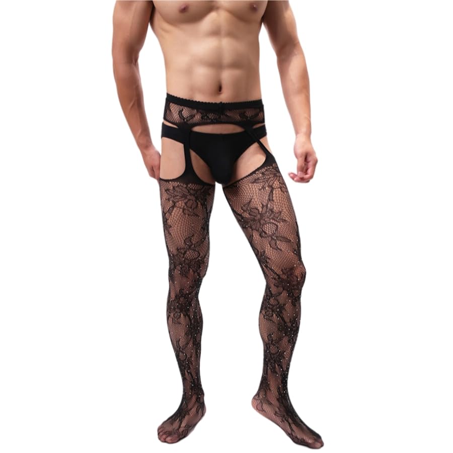 Mens Sexy Suspender Stockings Tights Rhinestone Fishnet Thigh Highs Garter Belt Suspender Pantyhose