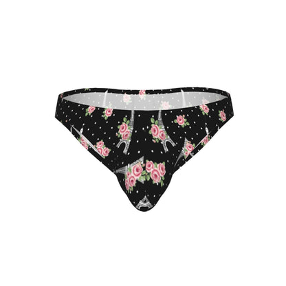 Men's Bikini Briefs Black Eiffel Tower Paris Wedding Roses Flowers Low Rise With Contour Pouch Soft Stretchy Seamless Underwear Breathable Lightweight For Daily Wear