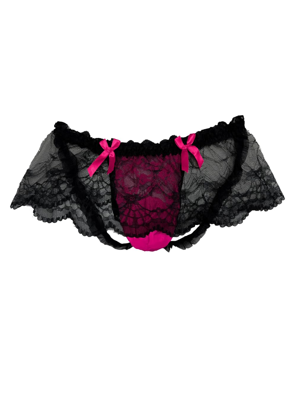 ChiaoLezhee Mens Lace Underwear, Pouch Bow Panties For Men, Low Rise Fits 34-42, Sheer Girly, Hot Pink, One Size