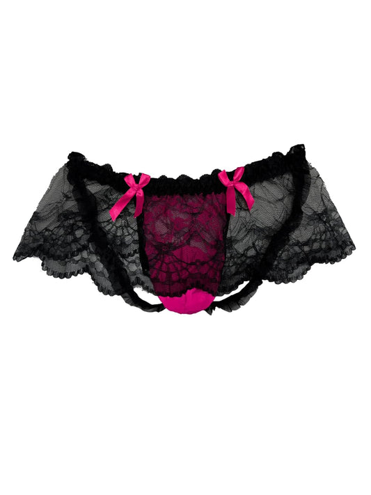 Mens Lace Underwear, Pouch Bow Panties For Men, Low Rise Fits 34-42, Sheer Girly, Hot Pink, One Size