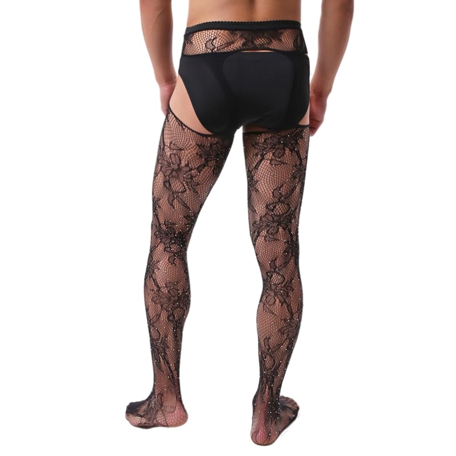 Mens Sexy Suspender Stockings Tights Rhinestone Fishnet Thigh Highs Garter Belt Suspender Pantyhose