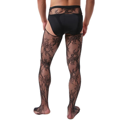 Mens Sexy Suspender Stockings Tights Rhinestone Fishnet Thigh Highs Garter Belt Suspender Pantyhose