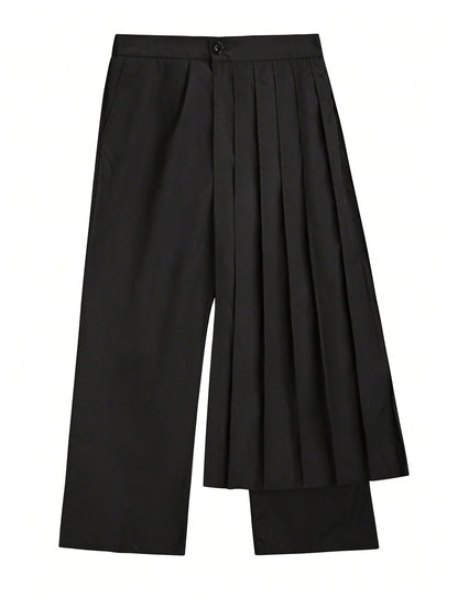 OYOANGLE Men's Skirt Pants Loose Wide Leg Asymmetrical Pleated Japanese Harajuku Kimono Trousers Black Small
