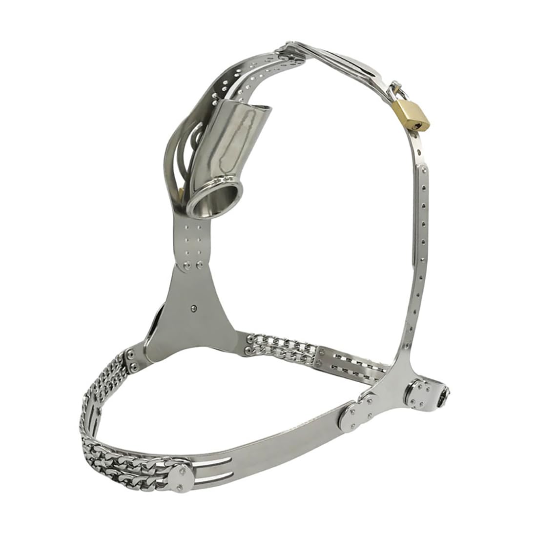 Stainless Steel Push Lock Version Male Chastity Belt with cage Adjustable Chain Detail Pants Waist 76-100cm (Black with Butt Plug)