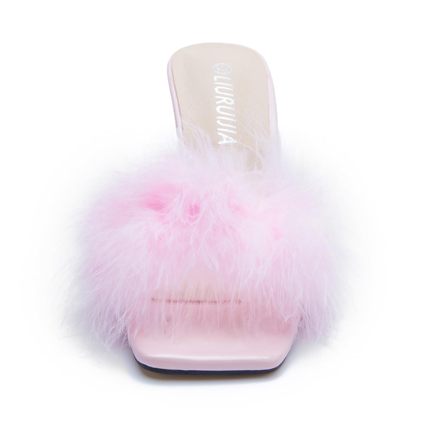 Women's Feather High Heeled Mules Slip On Sandals Square Toe Bridal Wedding Party Shoes Fuzzy Fluffy Sexy Clear Heels Pink 40 US 8