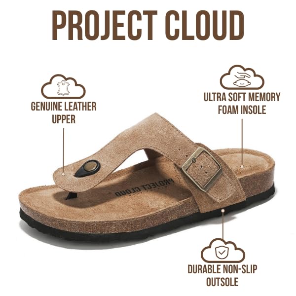Project Cloud 100% Genuine Leather Thong Sandals Women Footwear - Memory Foam Insole Womens Sandals - Non-Slip Womens Flip Flops - Lightweight Sandals for Women 2026 (Britani,Chestnut, 6)