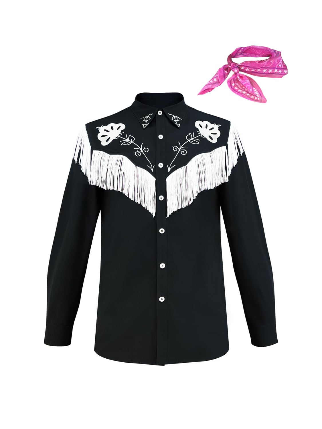 Cowboy Costume With Scarf Western Long Sleeve Fringe Shirt Halloween Cosplay For Mens Boys-X-Large