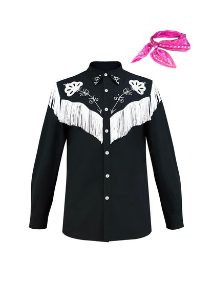 Cowboy Costume With Scarf Western Long Sleeve Fringe Shirt Halloween Cosplay For Mens Boys-X-Large