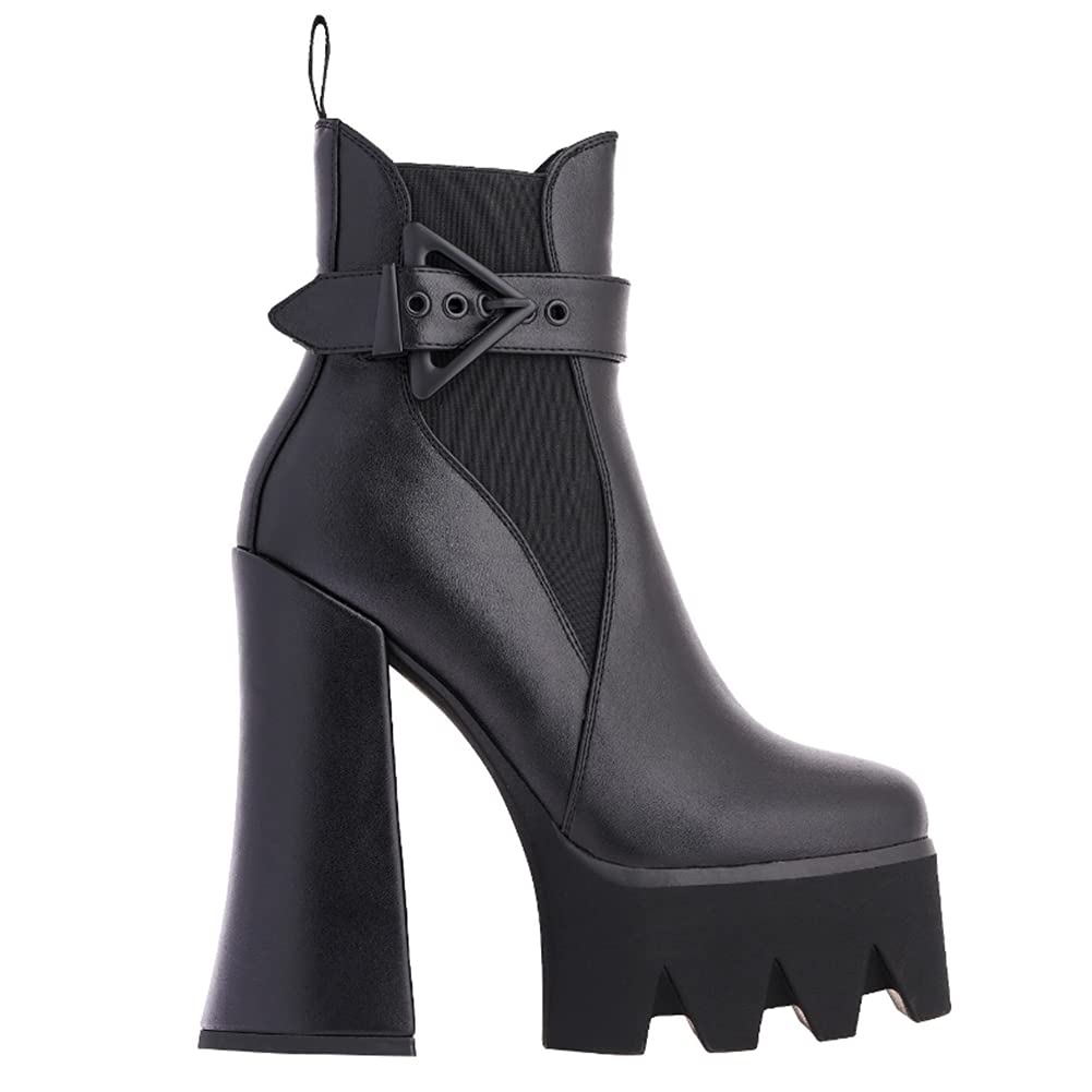 Women's Buckle Strap Thick Heel Platform Booties Ladies Elastic band High Heel Fashion Casual Ankle Boots(Black US5)
