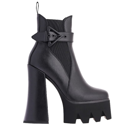 Women's Buckle Strap Thick Heel Platform Booties Ladies Elastic band High Heel Fashion Casual Ankle Boots(Black US5)