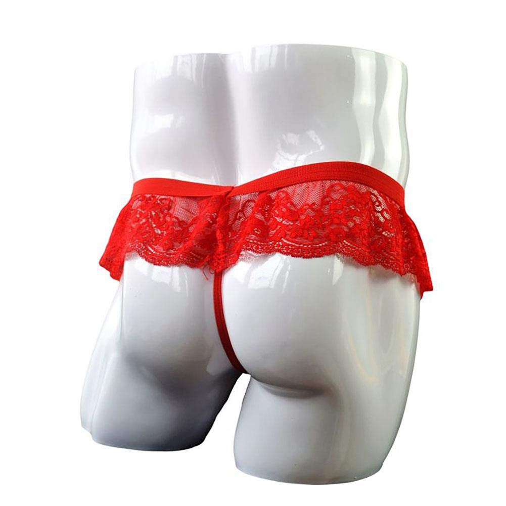 Men's Frilly Lace Trim Sissy Skirted Panties T-back G-string Thongs Briefs Girly Lingerie Crossdress Underwear Red One Size